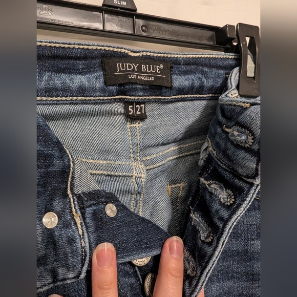 Judy Blue Jeans Womens 5/27  Blue Denim Trouser Flare Button Fly Distressed - Picture 4 of 10